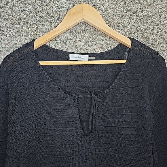 Calvin Klein Top Womens XL Black Textured V Neck Hi Low Blouse Neck Tie Ladies - Picture 4 of 7